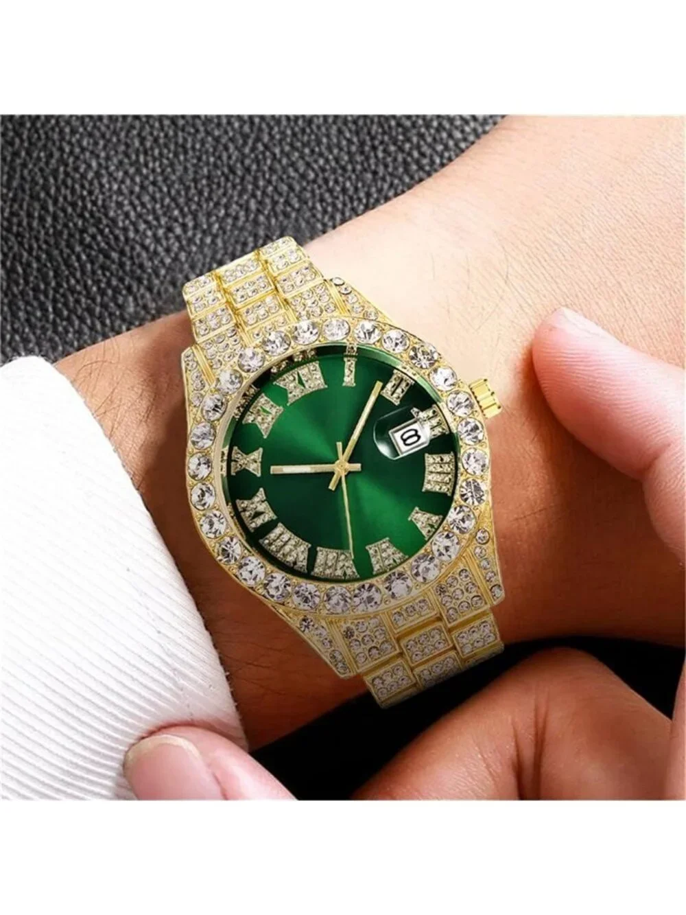 Men's Gold Green Analog Crystal Rhinestone Diamond Iced-Out Bracelet Wrist Watch